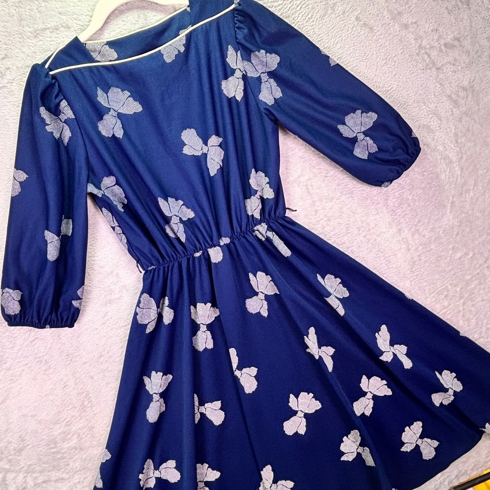 Vtg Unbranded Women Dress S Navy Blue White Bow Print Elastic Waist Midi Retro